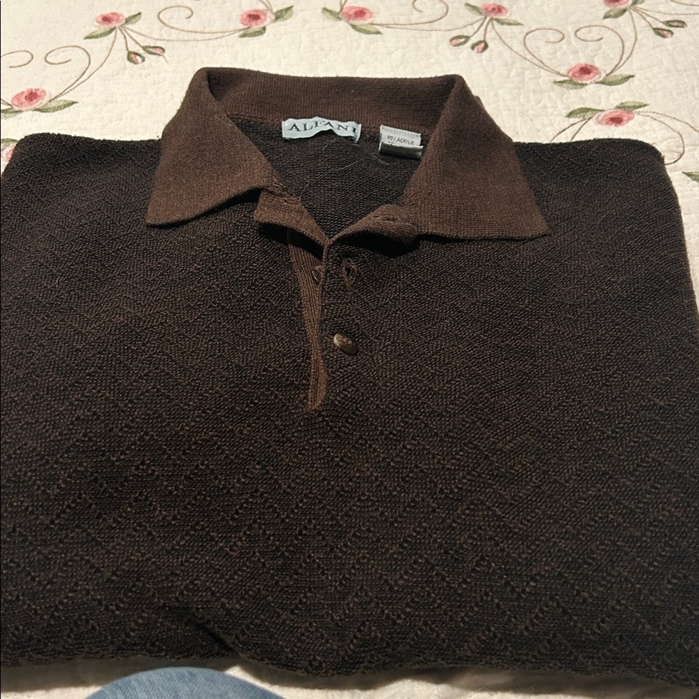 Alfani Men's Dark/Light Brown  Textured Knit Polo Sweater SZ M.